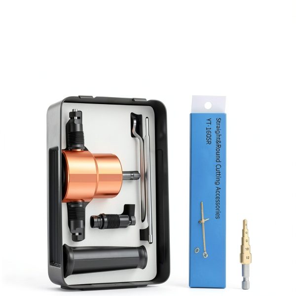 REXBETI Double Headed Sheet Metal Nibbler, Drill Attachment Metal Cutter with Extra Punch and Die, 1 Cutting Hole Accessory and 1 Step Drill Bit, Perfect for Straight Curve and Circle Cutting (Gold)-5
