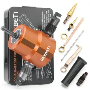 REXBETI Double Headed Sheet Metal Nibbler, Drill Attachment Metal Cutter with Extra Punch and Die, 1 Cutting Hole Accessory and 1 Step Drill Bit, Perfect for Straight Curve and Circle Cutting (Gold)-0